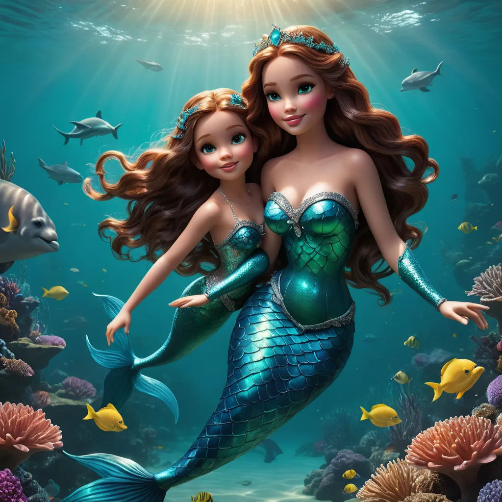 a mermaid and a mermaid girl are hugging under the water with fish around them, and under the water is a coral reef, fantasy art, a digital rendering, disney, highly detailed digital painting