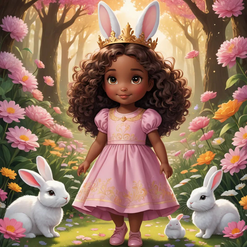 a girl in a pink dress and bunny ears standing in a forest with flowers and flowers around her, with a crown on her head, magical realism, a storybook illustration, Alice Prin, official art