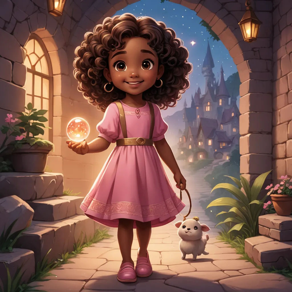 a cartoon girl holding a crystal ball and a dog in a castle doorway with a light shining on her, fantasy art, a storybook illustration, Chris LaBrooy, kinkade