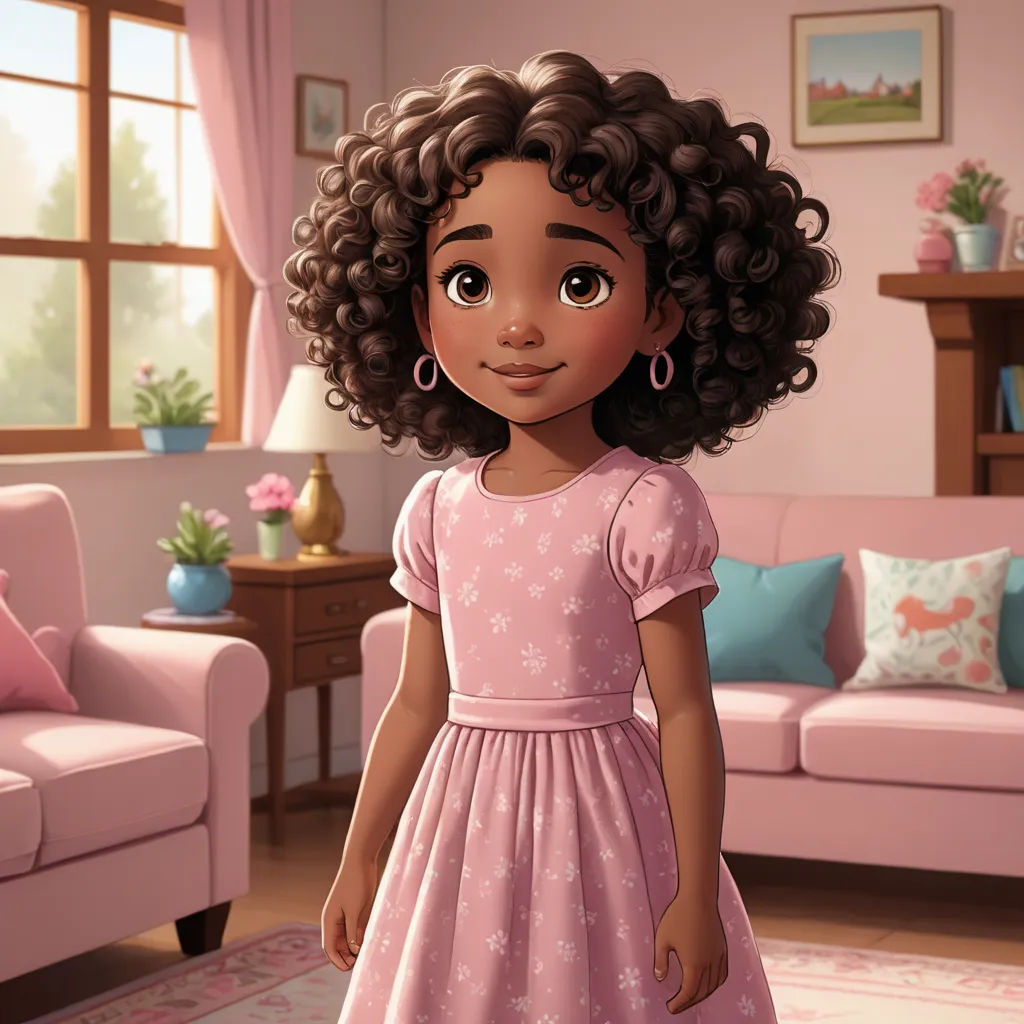 a cartoon girl in a pink dress standing in a living room with a pink couch and pink chair and pink rug, photorealism, concept art, Alexis Simon Belle, cgstudio