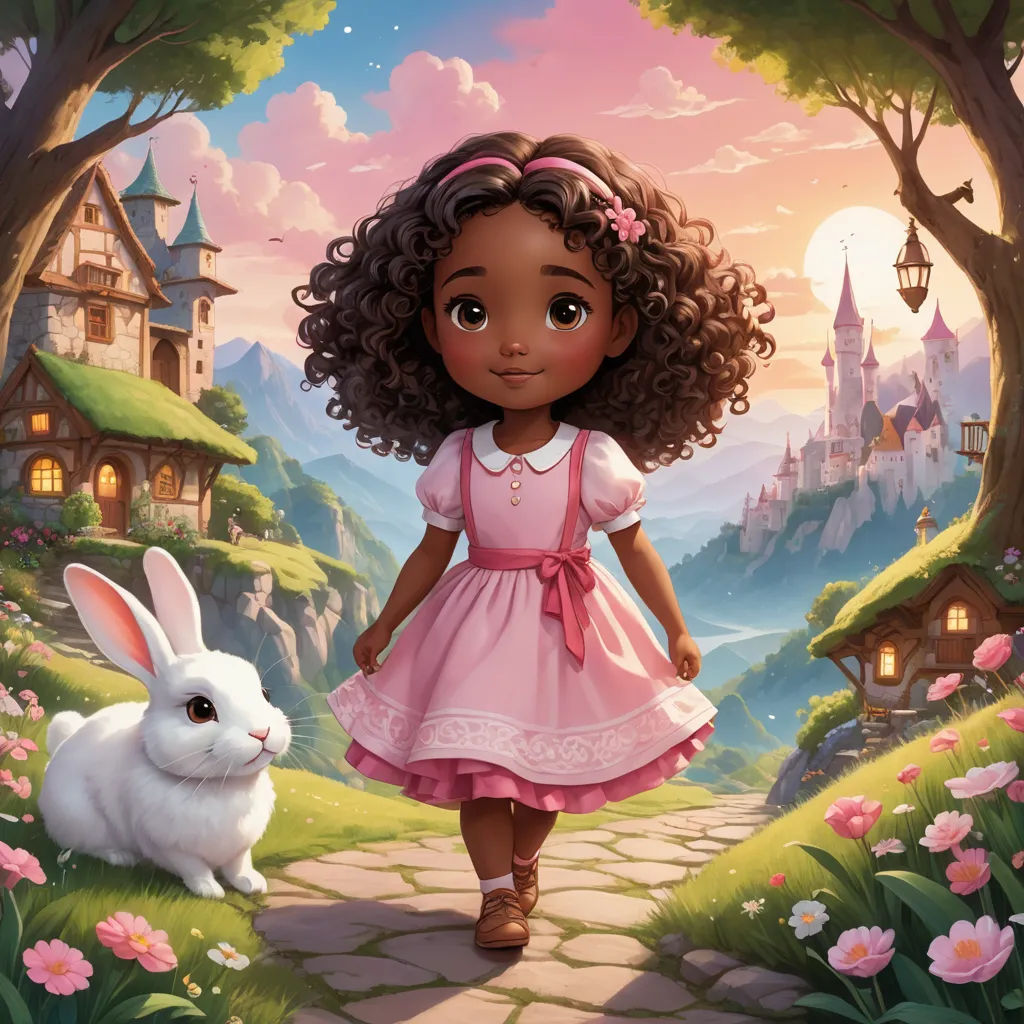 a little girl in a pink dress walking down a path with a bunny in front of her and a castle in the background, magical realism, a storybook illustration, Alice Prin, storybook illustration