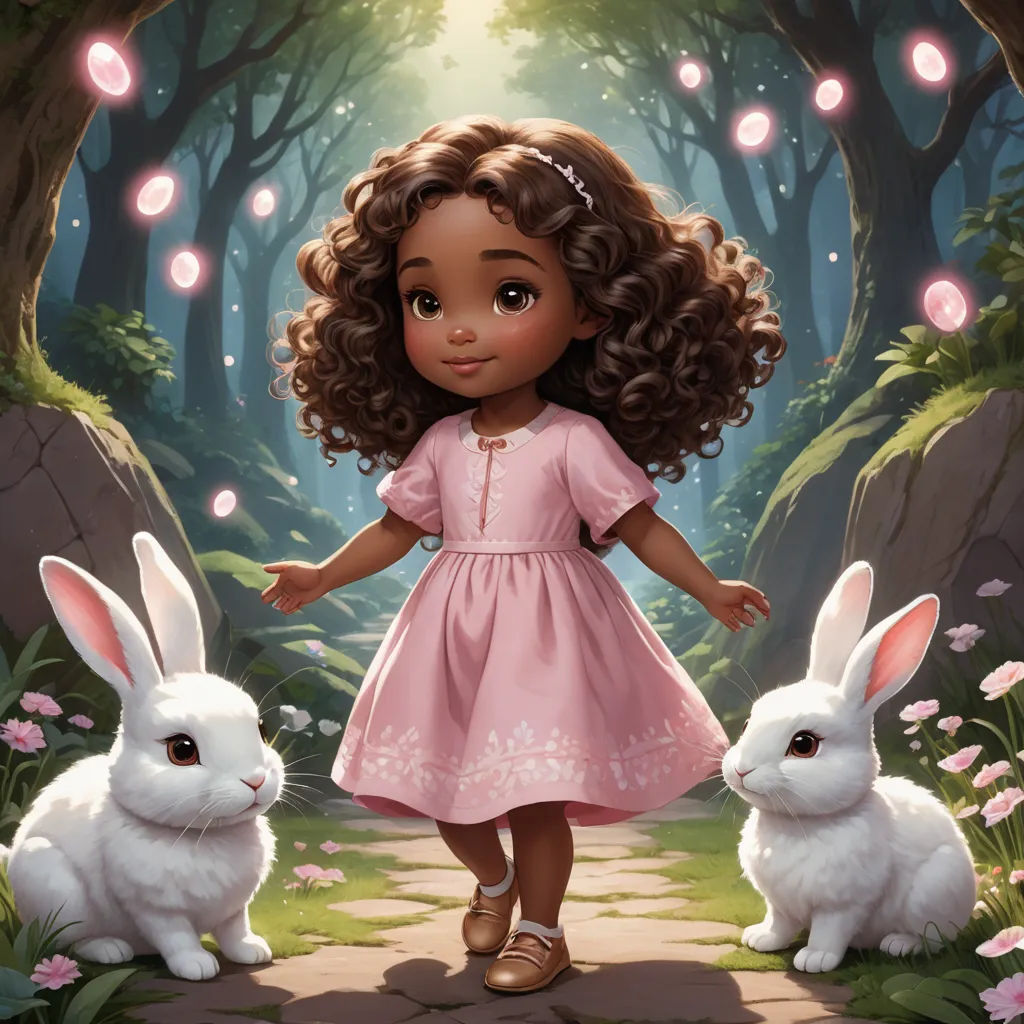 a little girl in a pink dress standing next to two rabbits in a forest with lights on the trees, magical realism, a storybook illustration, Clarice Beckett, official art