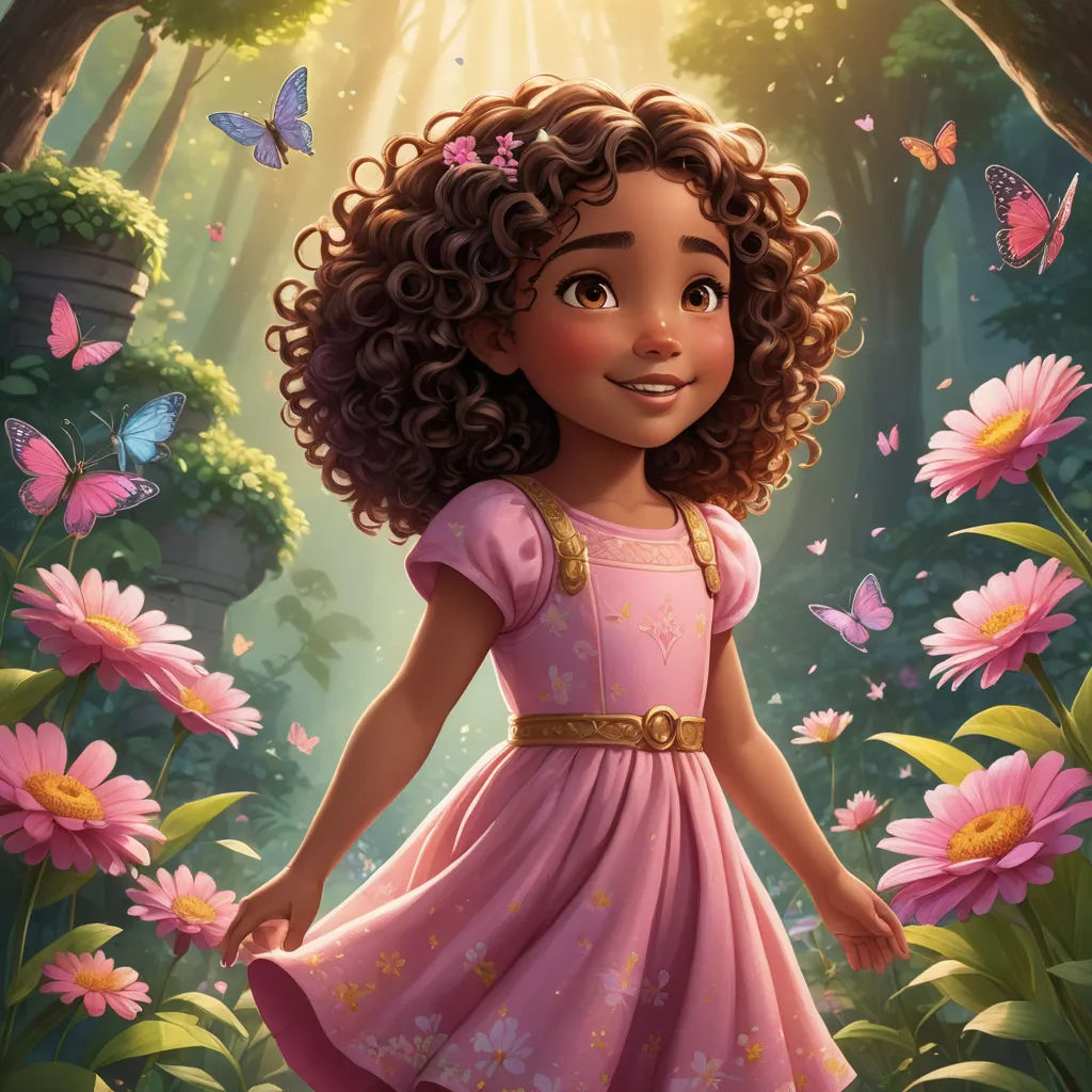 a young girl in a pink dress standing in a forest with pink flowers and butterflies around her, with a butterfly in her hair, fantasy art, a storybook illustration, Ella Guru, official art