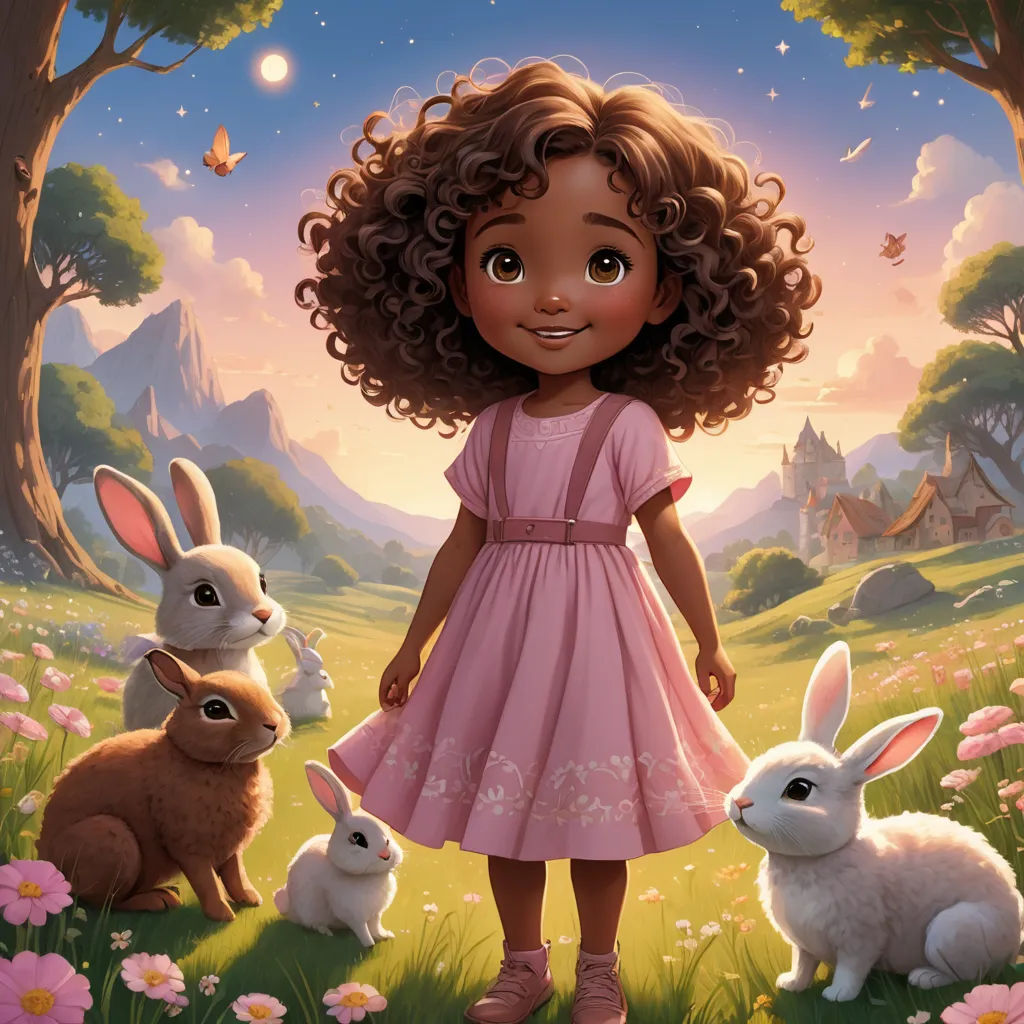 a girl in a pink dress standing in a field with rabbits and a tree in the background with a sky full of stars, magical realism, a storybook illustration, Chris LaBrooy, key art