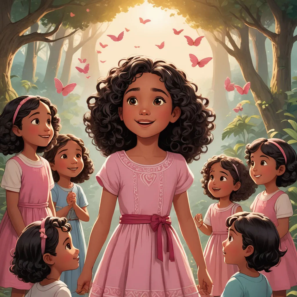 a group of children standing in a forest with butterflies flying overhead and a girl in a pink dress with her hands in her pockets, magical realism, a storybook illustration, Ella Guru, comic cover art