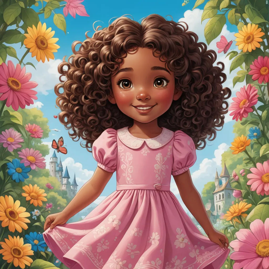a cartoon girl in a pink dress standing in a field of flowers with a castle in the background and a butterfly flying overhead, magical realism, a character portrait, disney, pixar and disney animation