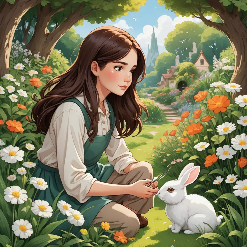 a girl kneeling down next to a bunny in a field of flowers and trees with a castle in the background, fantasy art, a storybook illustration, Alice Prin, rossdraws global illumination