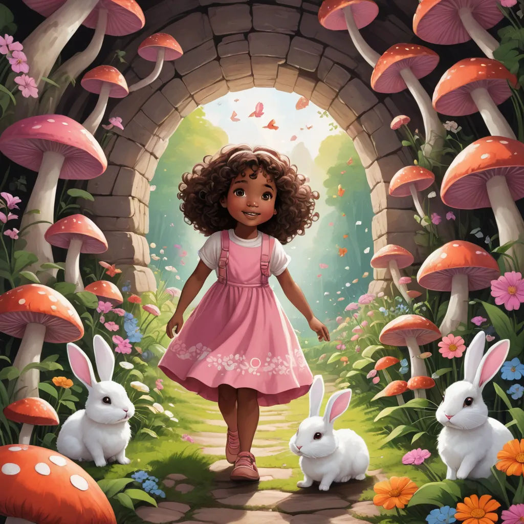 a girl in a pink dress is standing in a garden with rabbits and mushrooms in front of a stone archway, magical realism, a storybook illustration, Alice Prin, storybook illustration