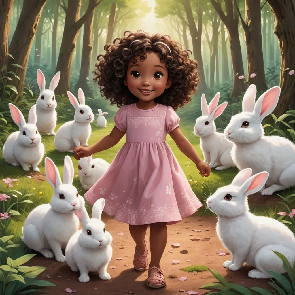 a little girl standing in a forest with many rabbits in front of her and a forest background with trees and flowers, magical realism, a storybook illustration, Drew Struzan, promotional image