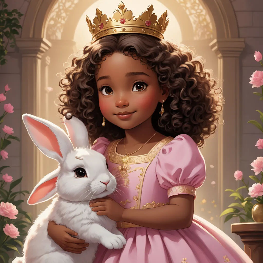 a little girl in a pink dress holding a white bunny in her arms and a gold crown on her head, fantasy art, a storybook illustration, Clarice Beckett, official art