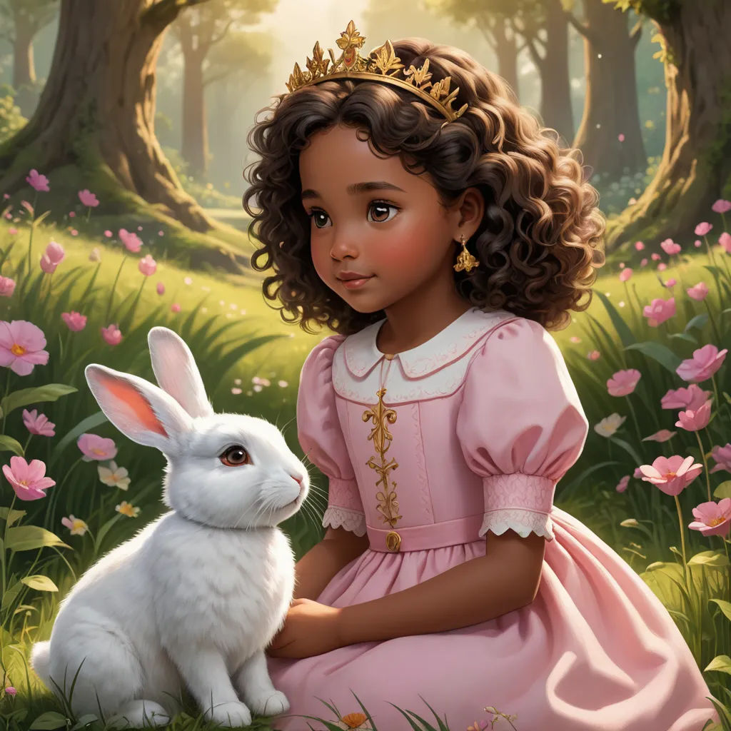 a painting of a little girl in a pink dress with a white rabbit in a field of flowers and trees, fantasy art, a storybook illustration, Alice Prin, official art
