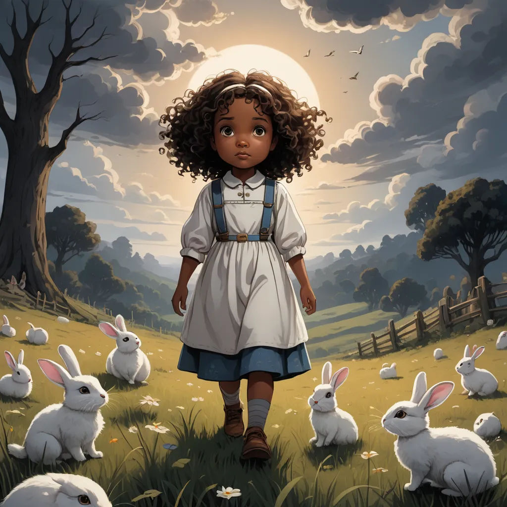 a painting of a girl in a field with rabbits in the grass and a full moon in the sky, magical realism, a storybook illustration, Aaron Jasinski, comic cover art