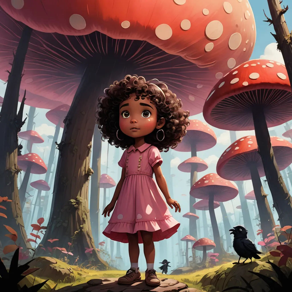 a girl in a pink dress standing in front of a mushroom forest with a bird on the ground and a bird on the ground, fantasy art, a storybook illustration, Cliff Childs, storybook illustration