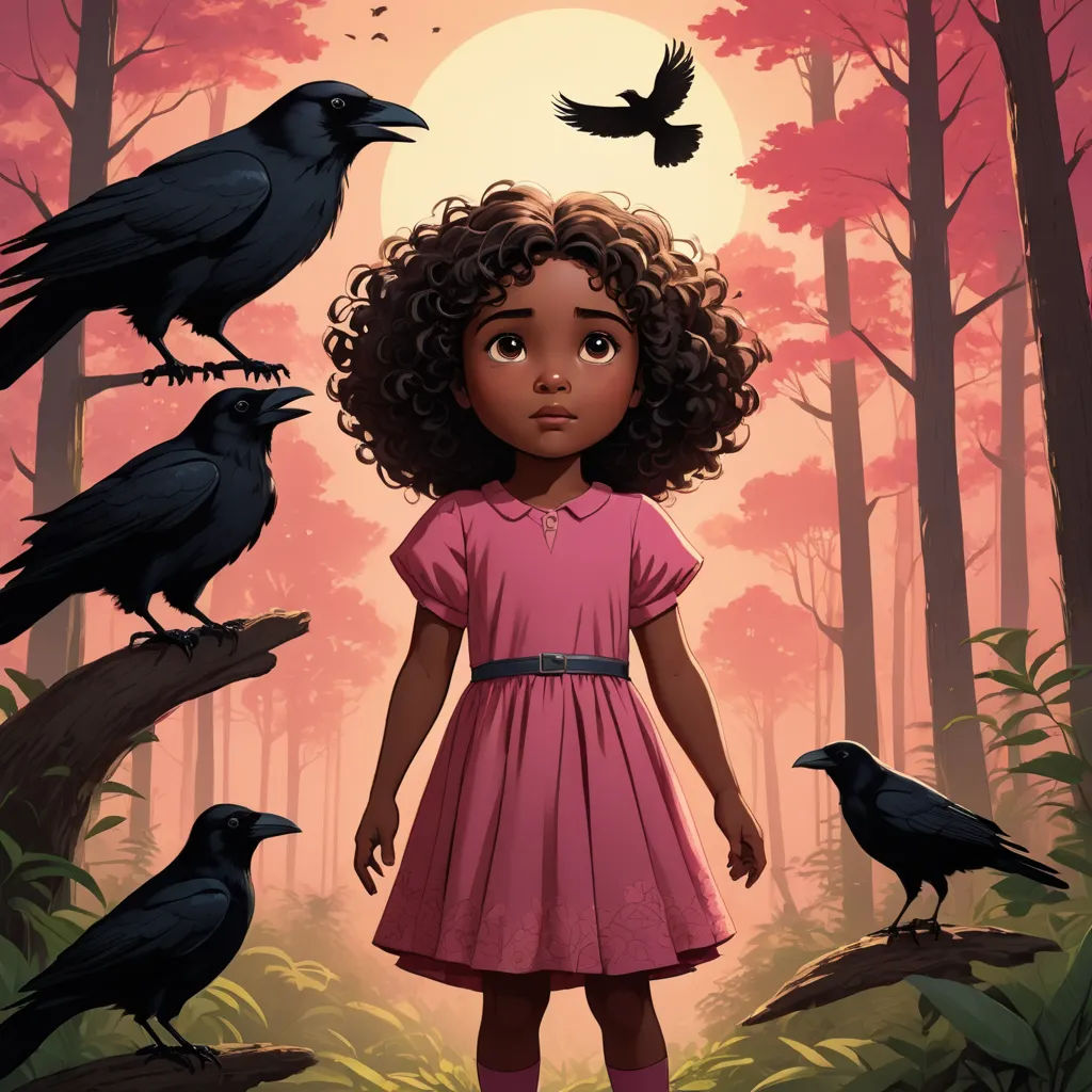 a girl in a pink dress standing in a forest with crows flying around her and a full moon in the background, magical realism, a storybook illustration, Chinwe Chukwuogo-Roy, comic cover art