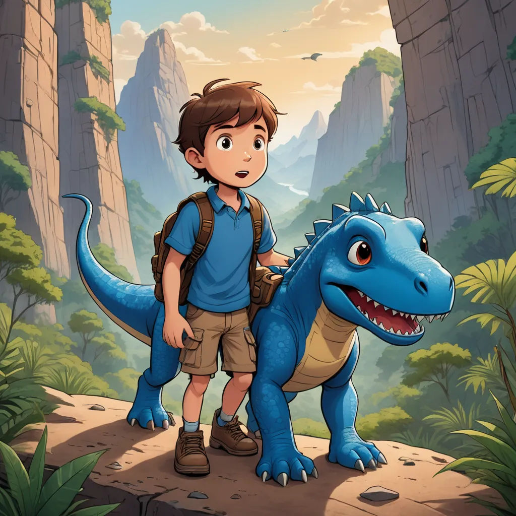 a boy standing next to a blue dinosaur in a forest with mountains in the background and a bird flying overhead, lyco art, a storybook illustration, Adam Rex, promotional image