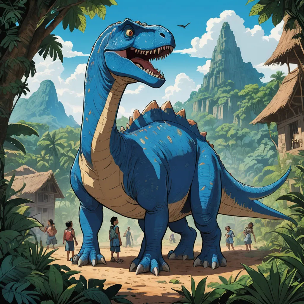 a cartoon dinosaur with a group of people in the background and a mountain in the background with trees and bushes, primitivism, a storybook illustration, Adam Rex, rossdraws global illumination