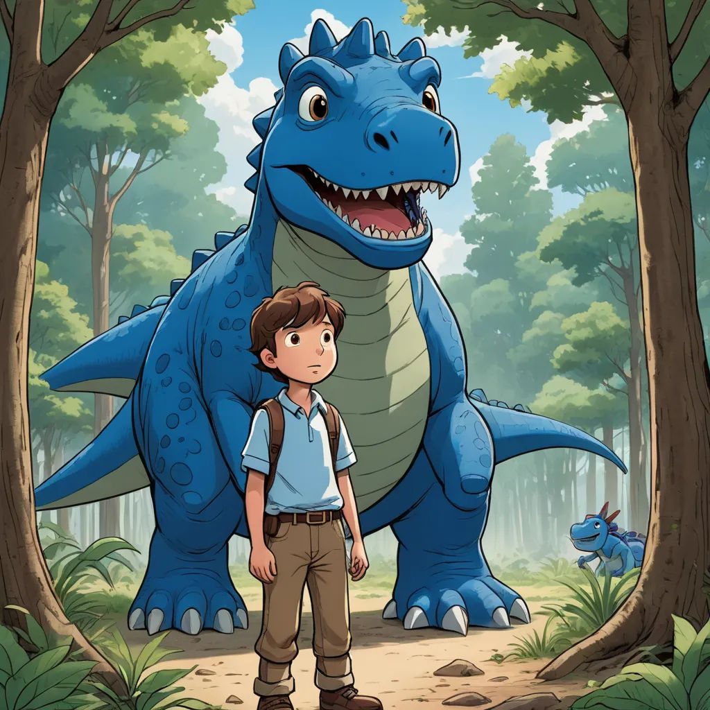 a boy standing next to a dinosaur in a forest with trees and bushes behind him, with a boy standing next to a dinosaur in the woods, lyco art, a storybook illustration, Adam Rex, promotional image