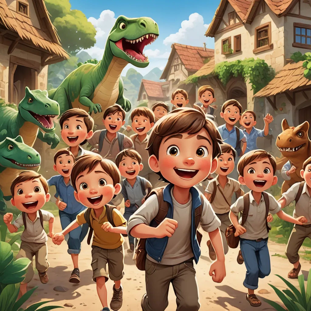 a boy is walking with a group of children in front of him and a dinosaur in the background,, lyco art, a storybook illustration, Adam Rex, official art