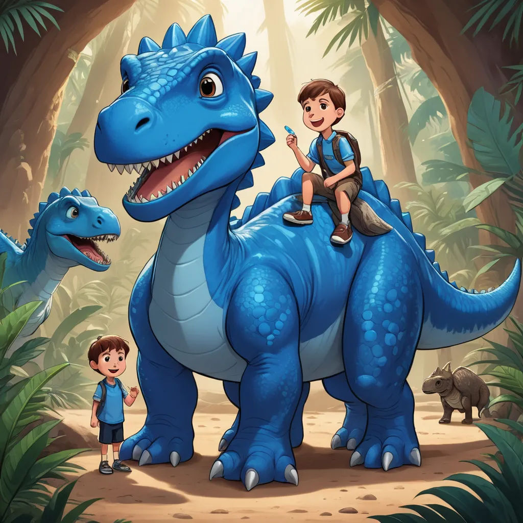 a boy riding on the back of a blue dinosaur in a forest with other dinosaurs nearby and a boy standing next to him, lyco art, a storybook illustration, Adam Rex, rossdraws global illumination