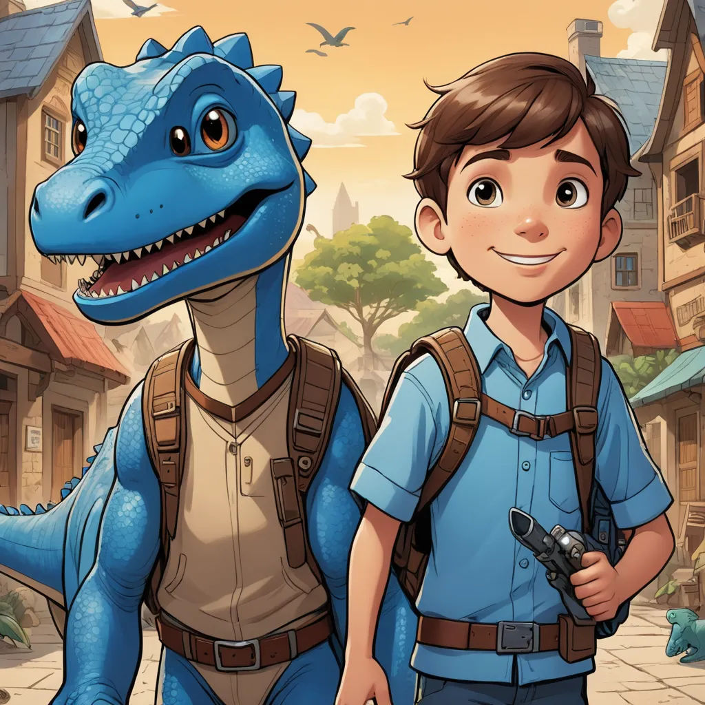 a boy and a boy in front of a blue dinosaur with a gun in his hand and a bird flying over him, furry art, a storybook illustration, Adam Rex, comic cover art