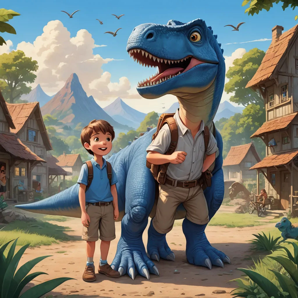 a boy and a dinosaur in a cartoon scene with a village in the background and a bird flying overhead, fantasy art, a storybook illustration, Adam Rex, rossdraws global illumination