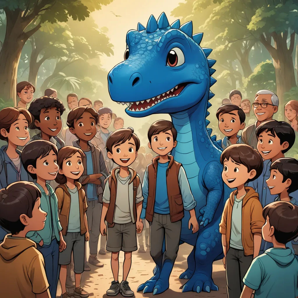 a group of children standing around a blue dinosaur in a forest with a man standing next to it and a man standing next to the boy, samikshavad, a storybook illustration, Adam Rex, promotional image