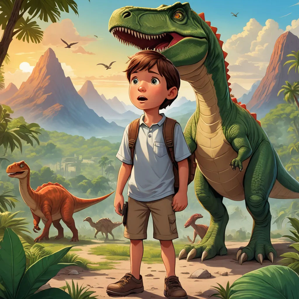 a boy standing next to a dinosaur in a jungle with mountains in the background and birds flying overhead in the sky, sots art, a storybook illustration, Adam Rex, rossdraws global illumination