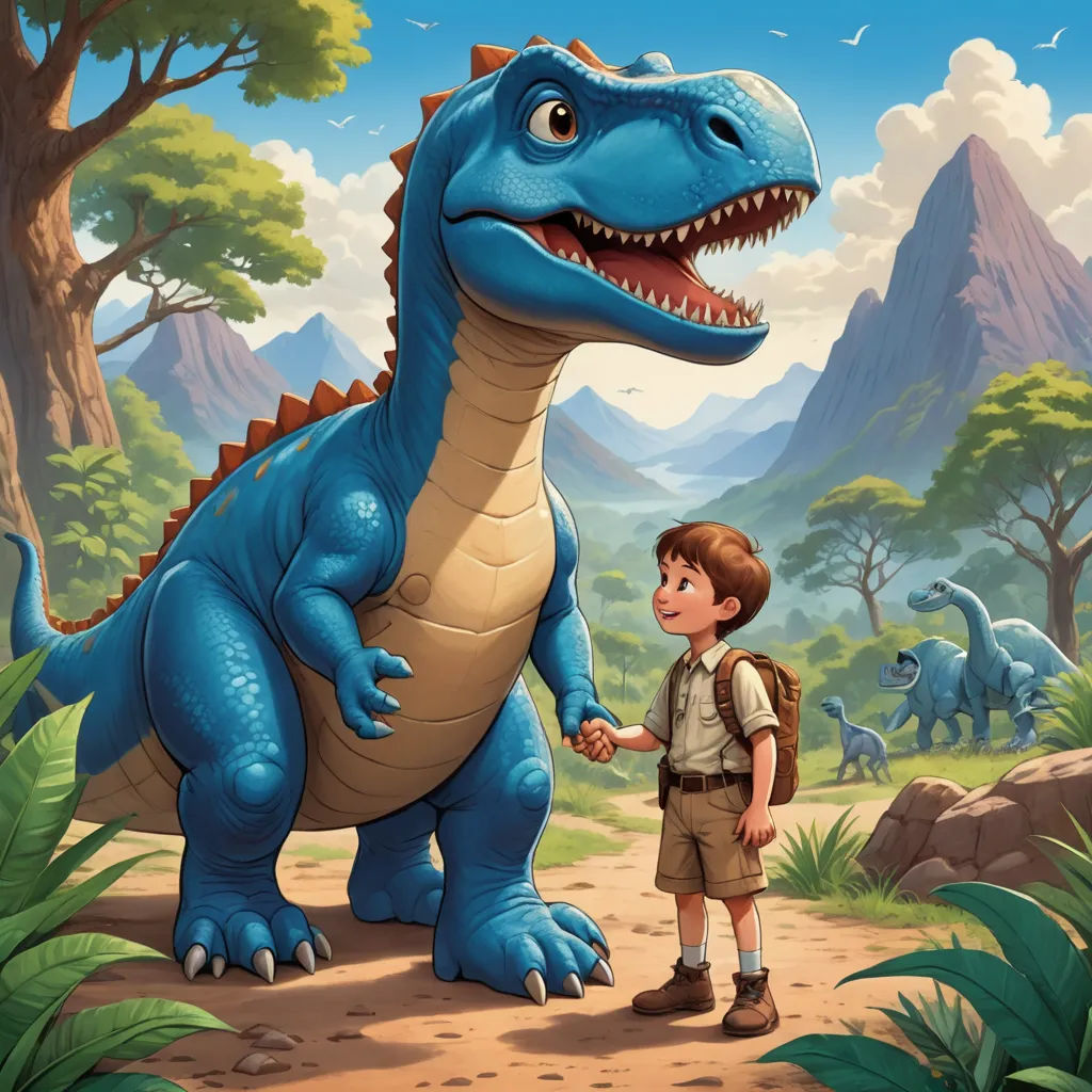 a boy and a dinosaur in a jungle with mountains and trees in the background illustration for children book illustration, lyco art, a storybook illustration, Adam Rex, storybook illustration