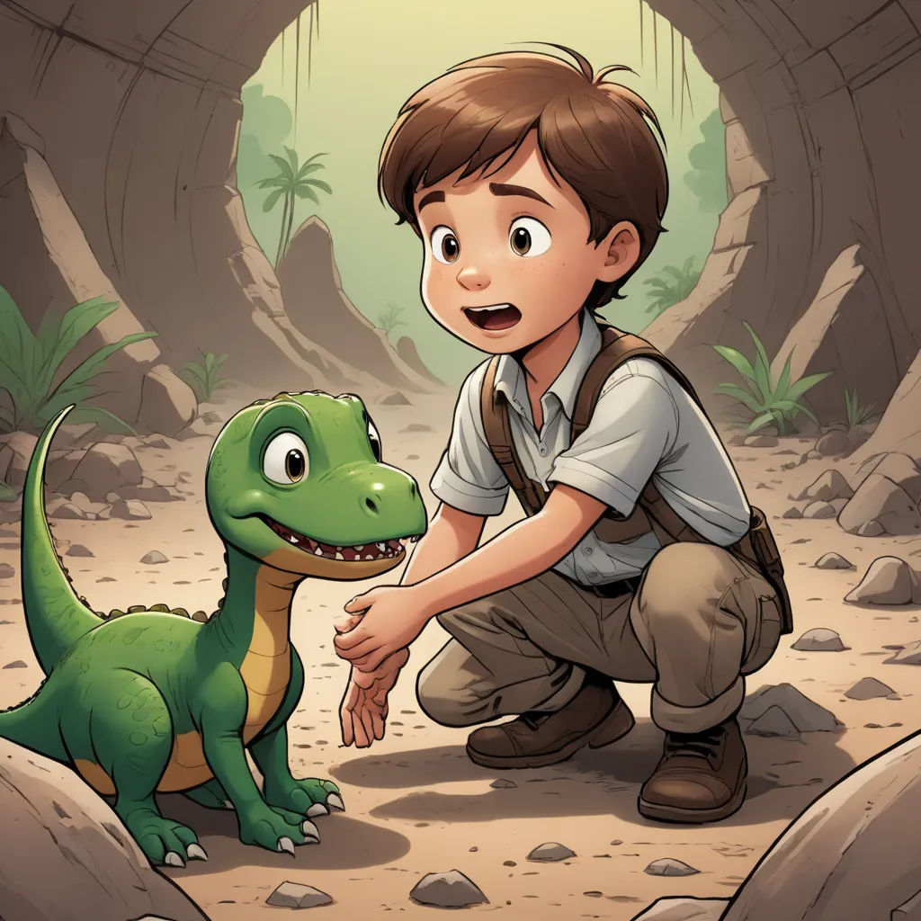 a boy kneeling down next to a small dinosaur in a cave with a cave entrance behind him and a cave entrance behind him, process art, a storybook illustration, Diego Gisbert Llorens, storybook illustration