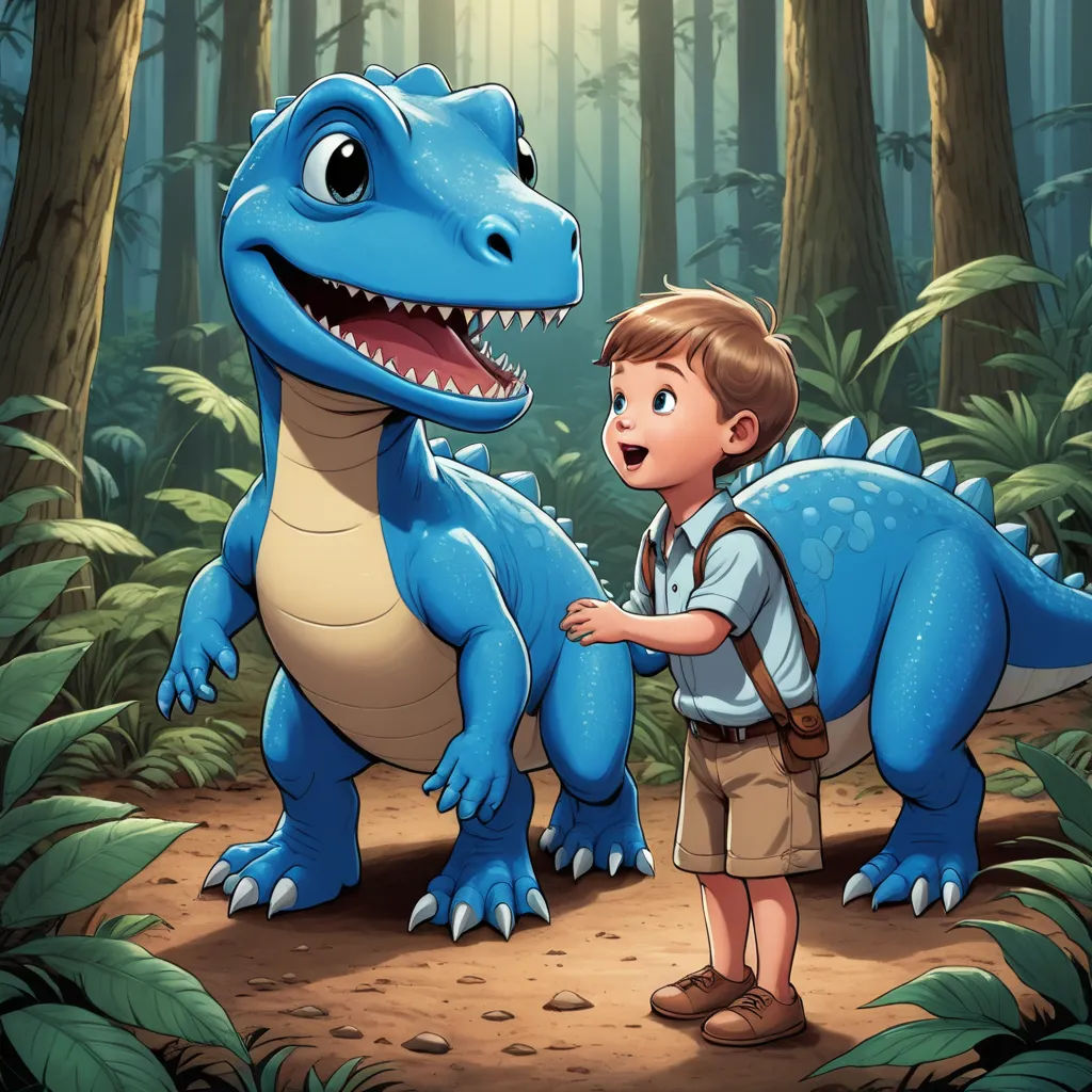 a boy and a dinosaur in the forest with a forest background illustration by alex krautman for the children's book, the dinosaur story of the day, lyco art, a storybook illustration, Adam Rex, storybook illustration