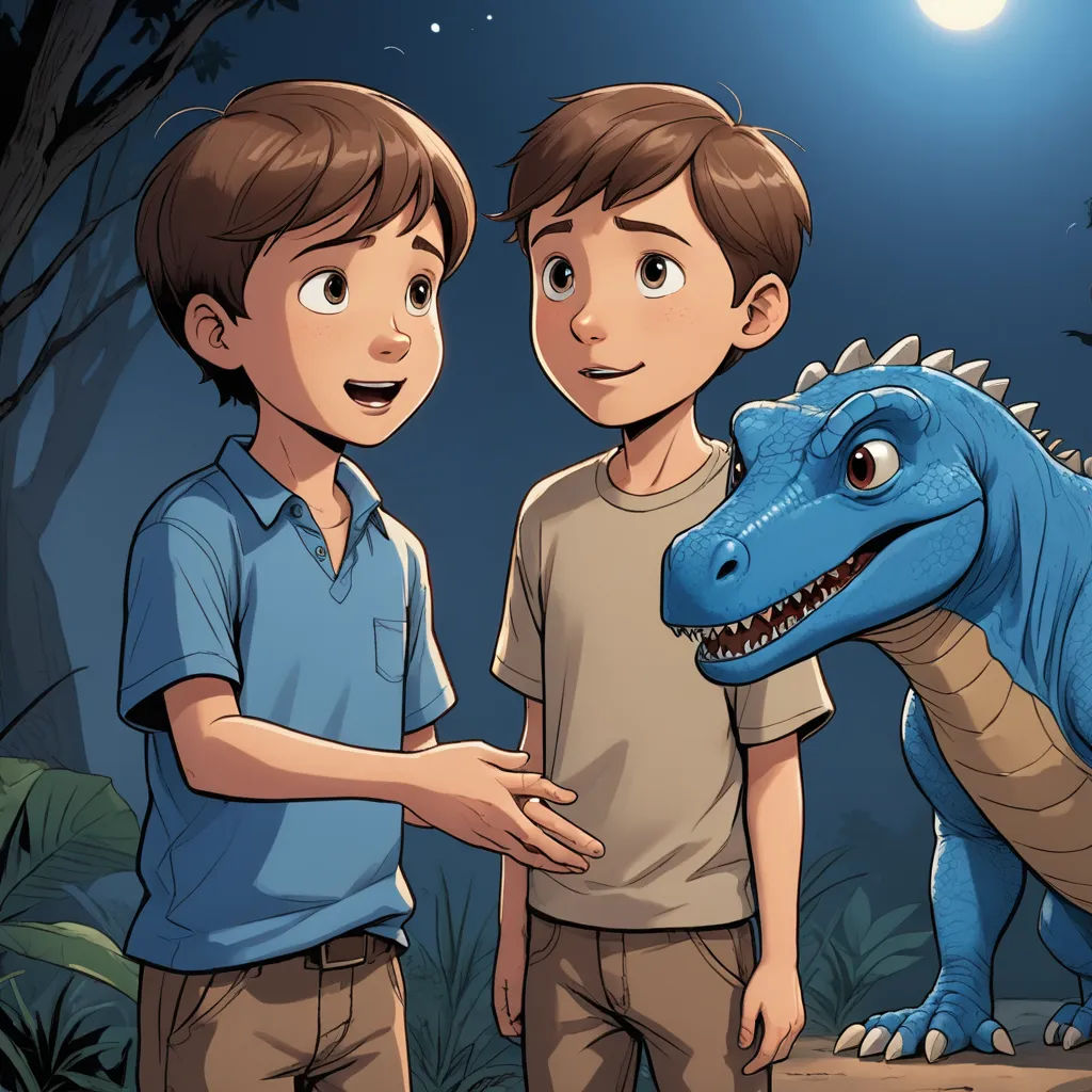 two boys standing next to a dinosaur in a forest at night with a full moon in the background and a full moon in the sky, furry art, a storybook illustration, Adam Rex, promotional image