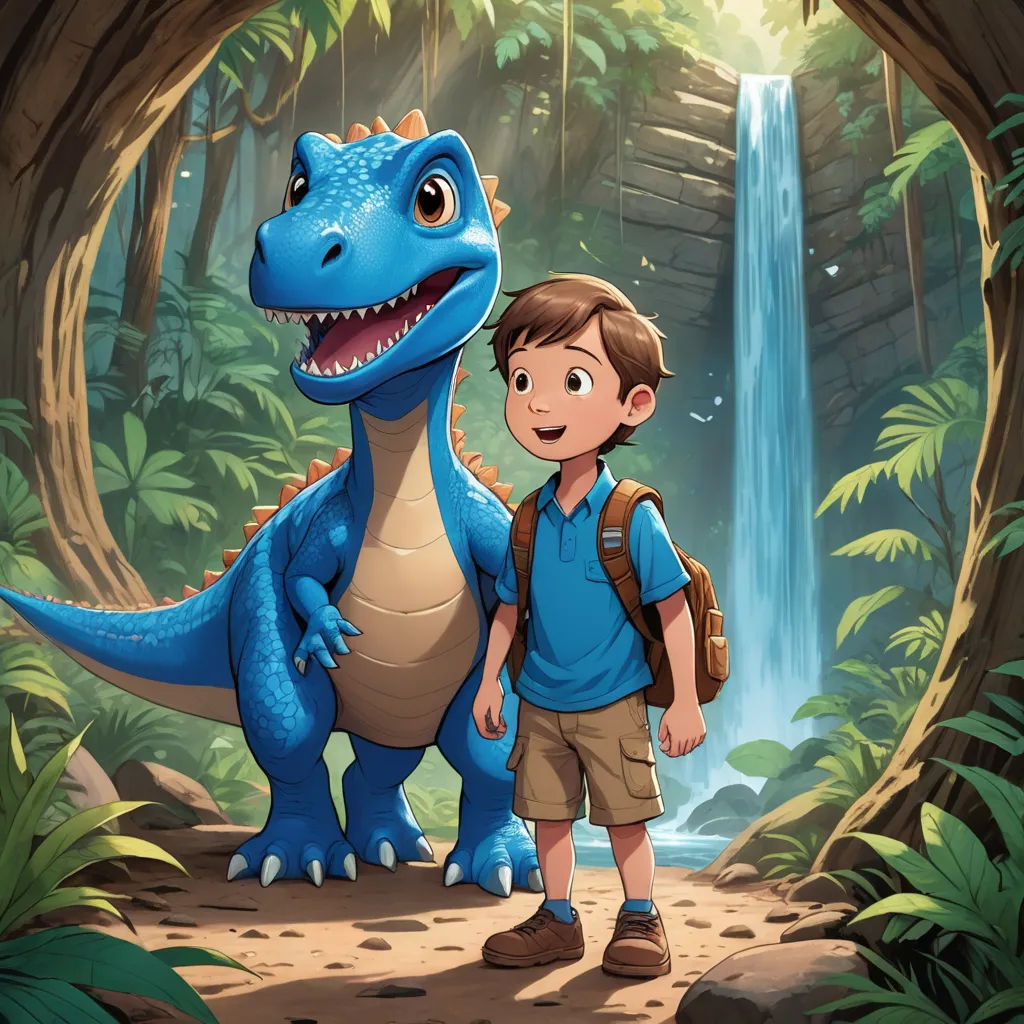 a boy and a dinosaur in a jungle with a waterfall in the background illustration by alex krapf, sots art, a storybook illustration, Adam Rex, rossdraws global illumination