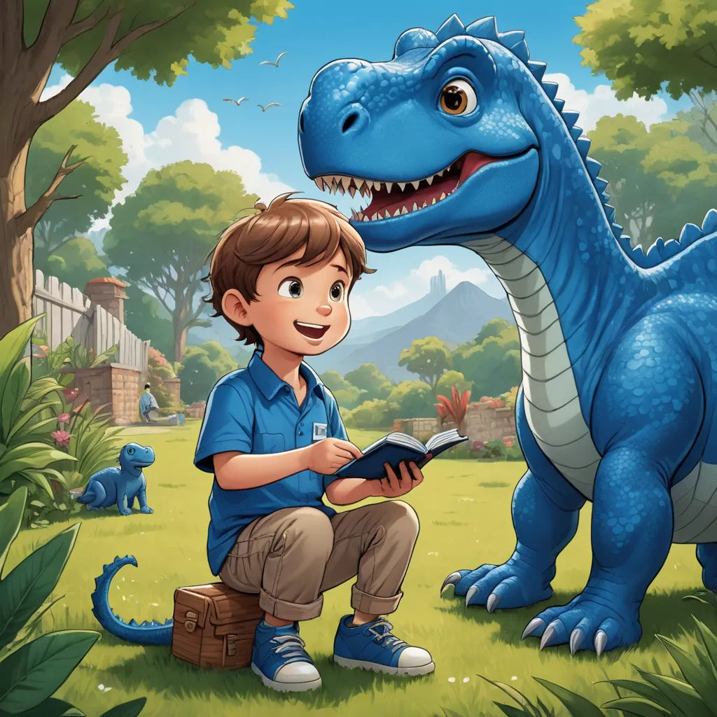 a boy sitting on a box next to a dinosaur and a book in his hands, with a dinosaur in the background, sots art, a storybook illustration, Adam Rex, professional digital painting