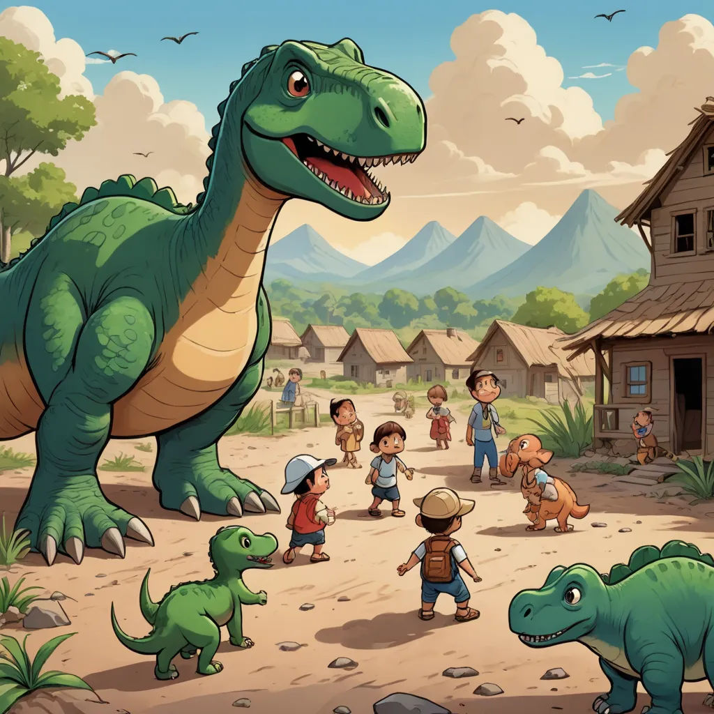a group of children and dinosaurs in a village with a house and mountains in the background, with a cartoon of a dinosaur and a boy, primitivism, a storybook illustration, Adam Rex, storybook illustration