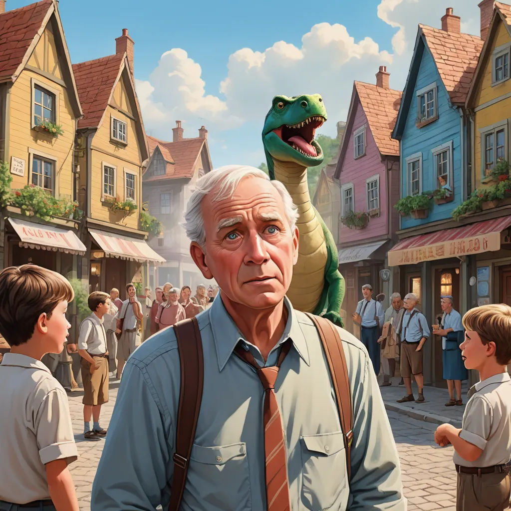 a man standing in front of a dinosaur in a town with people standing around him and a child standing next to him, fantastic realism, a storybook illustration, Chris LaBrooy, ultra realistic digital art