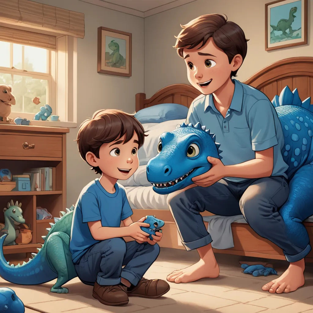a boy and a boy are playing with a toy dinosaur in a bedroom with a bed and a dresser, furry art, a storybook illustration, Adam Rex, rossdraws global illumination