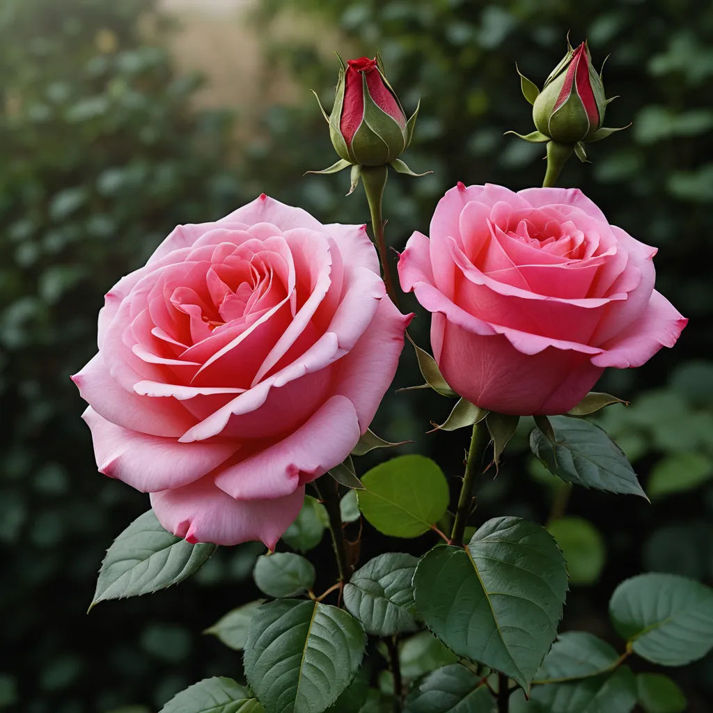two pink roses with green leaves in a garden setting with a blurry background of trees and bushes in the background, rococo, a raytraced image, Dennis Ashbaugh, roses