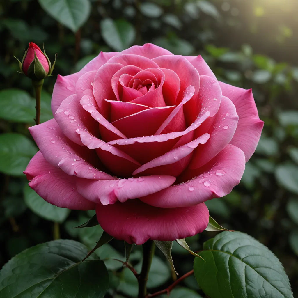 a pink rose with water droplets on it's petals and leaves in the background, with a green bush in the foreground, photorealism, a raytraced image, Dennis Ashbaugh, roses