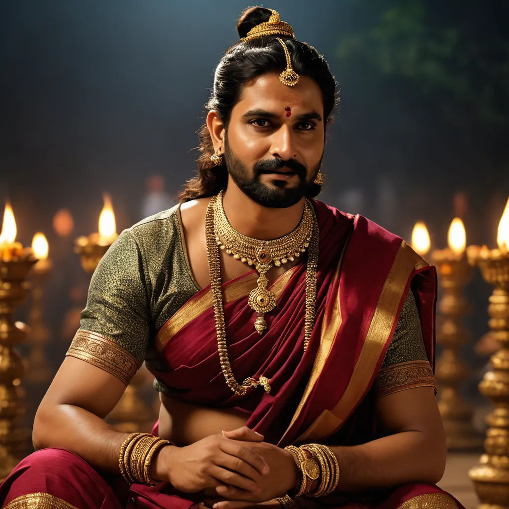 a man in a red and gold sari sitting in front of candles with a serious look on his face, samikshavad, a character portrait, Bholekar Srihari, promotional image