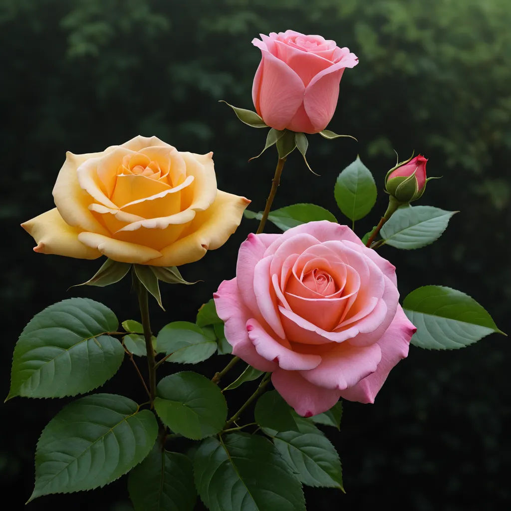 three roses with green leaves on a branch in front of a dark background with a green leafy area, rococo, a 3D render, Anna Maria Barbara Abesch, roses