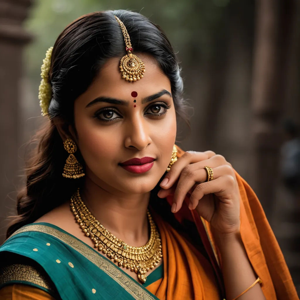 a woman wearing a gold and green outfit with a necklace and earrings on her head and a green blouse, samikshavad, a picture, Ella Guru, promotional image