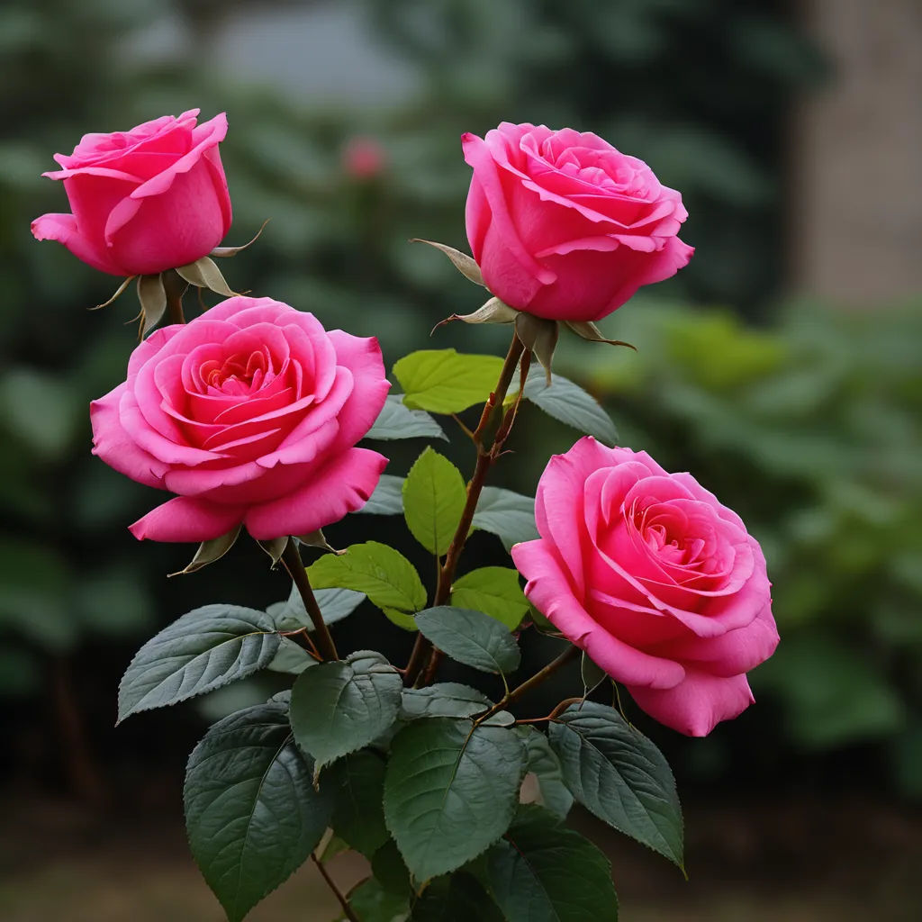 a pink rose bush with four pink roses in it's center and green leaves on the stems, in front of a bush of green foliage, rococo, a macro photograph, Betye Saar, roses