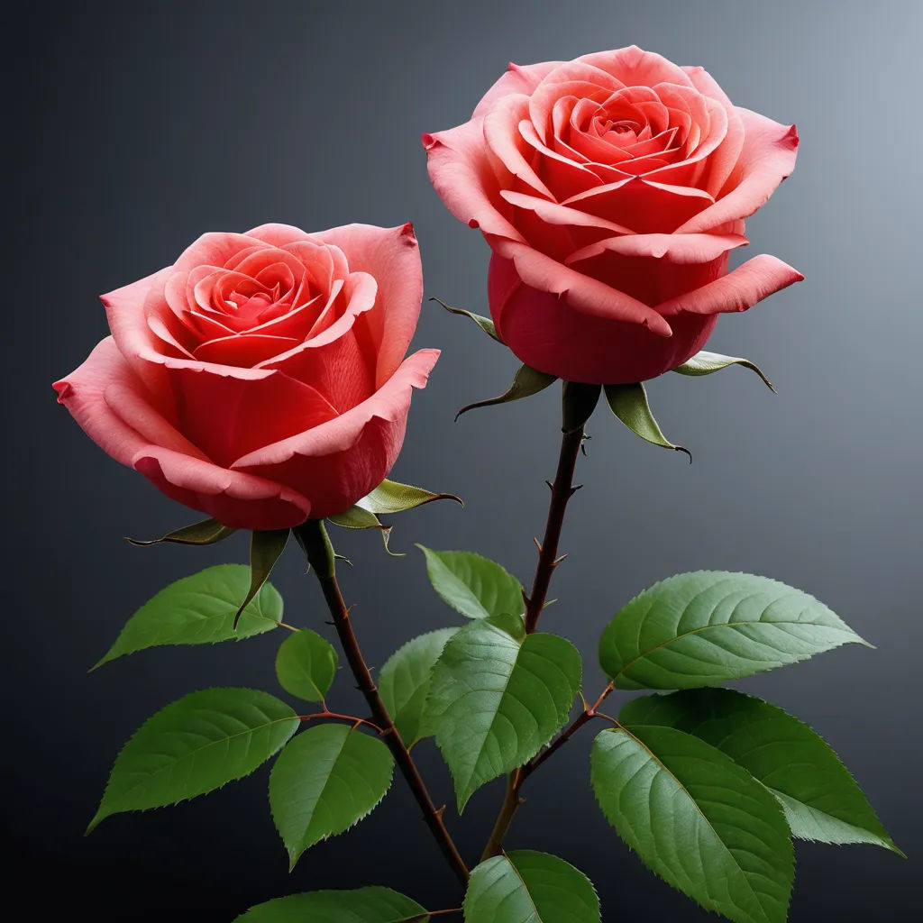 two roses with green leaves on a black background with a gray background behind them and a black background behind them, neo-romanticism, a raytraced image, Anna Maria Barbara Abesch, roses
