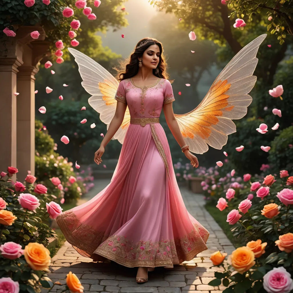 a woman in a pink dress with a fairy wings on her wings and a pink dress with a gold trim, fantasy art, a detailed matte painting, Ella Guru, affinity photo