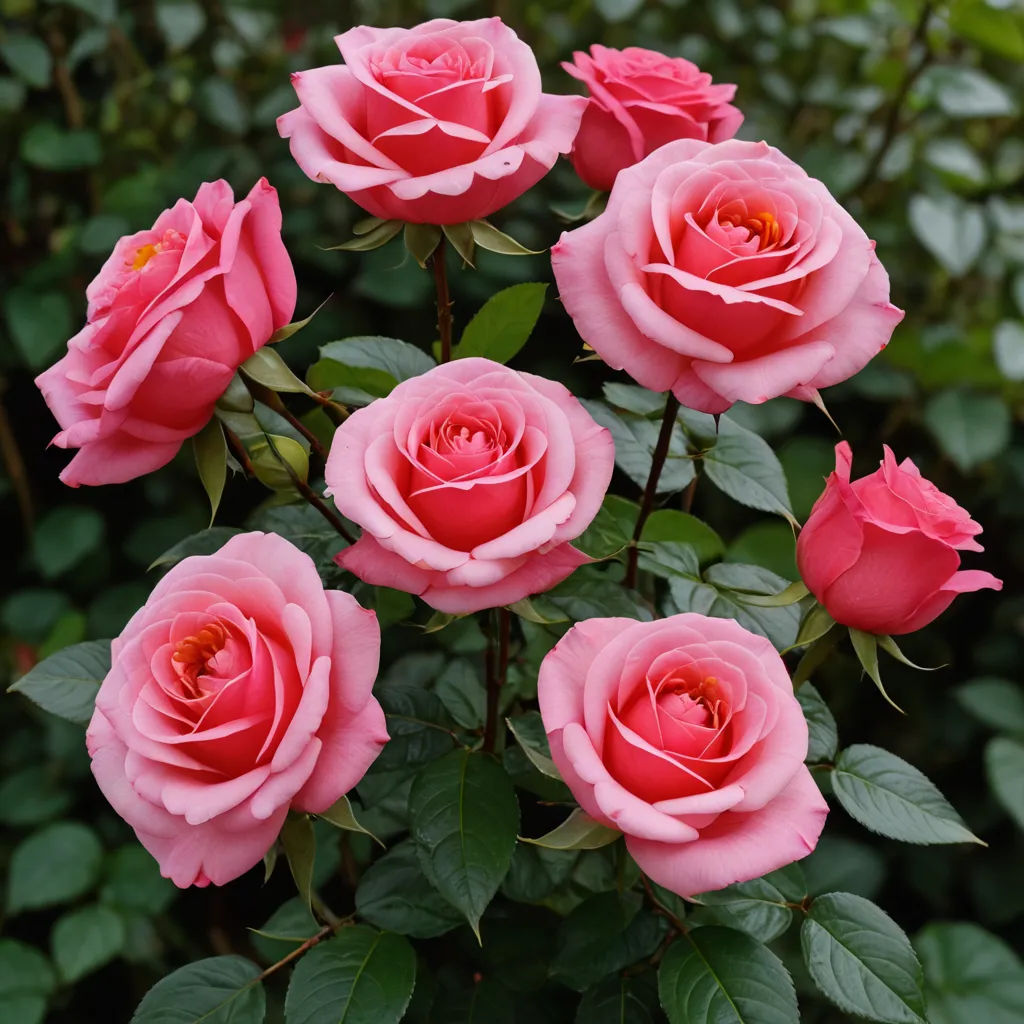 a bunch of pink roses that are blooming in a garden area with green leaves and bushes in the background, rococo, a jigsaw puzzle, Anne Dunn, roses
