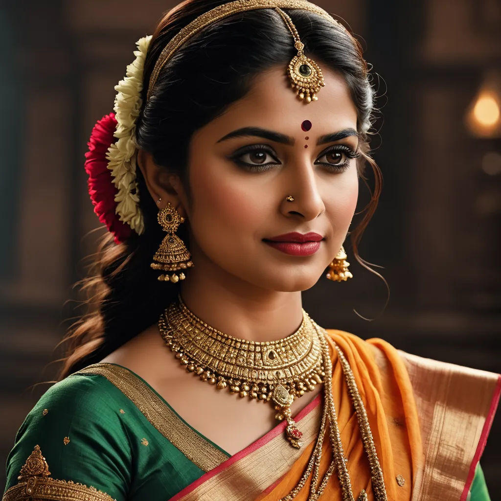 a woman wearing a green and orange sari with a gold necklace and matching necklace with a red and white flower, samikshavad, a poster, Ella Guru, promotional image