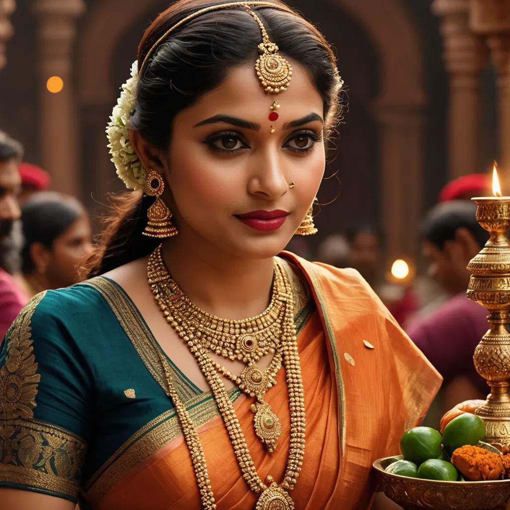 a woman in a traditional indian outfit holding a bowl of fruit and a candle in her hand, with a man in the background, samikshavad, poster art, Ella Guru, promotional image