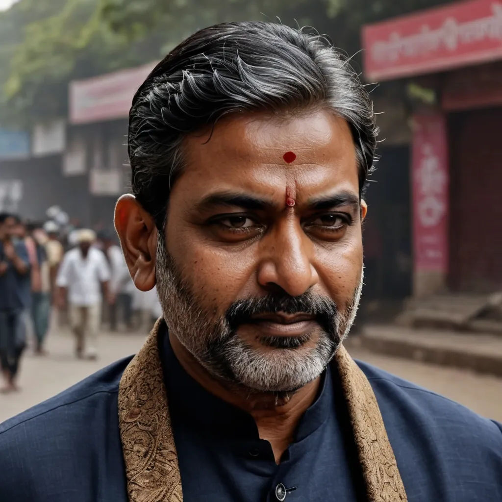 a man with a beard and a blue shirt is standing in front of a crowd of people on a street, samikshavad, a character portrait, Bholekar Srihari, movie still frame