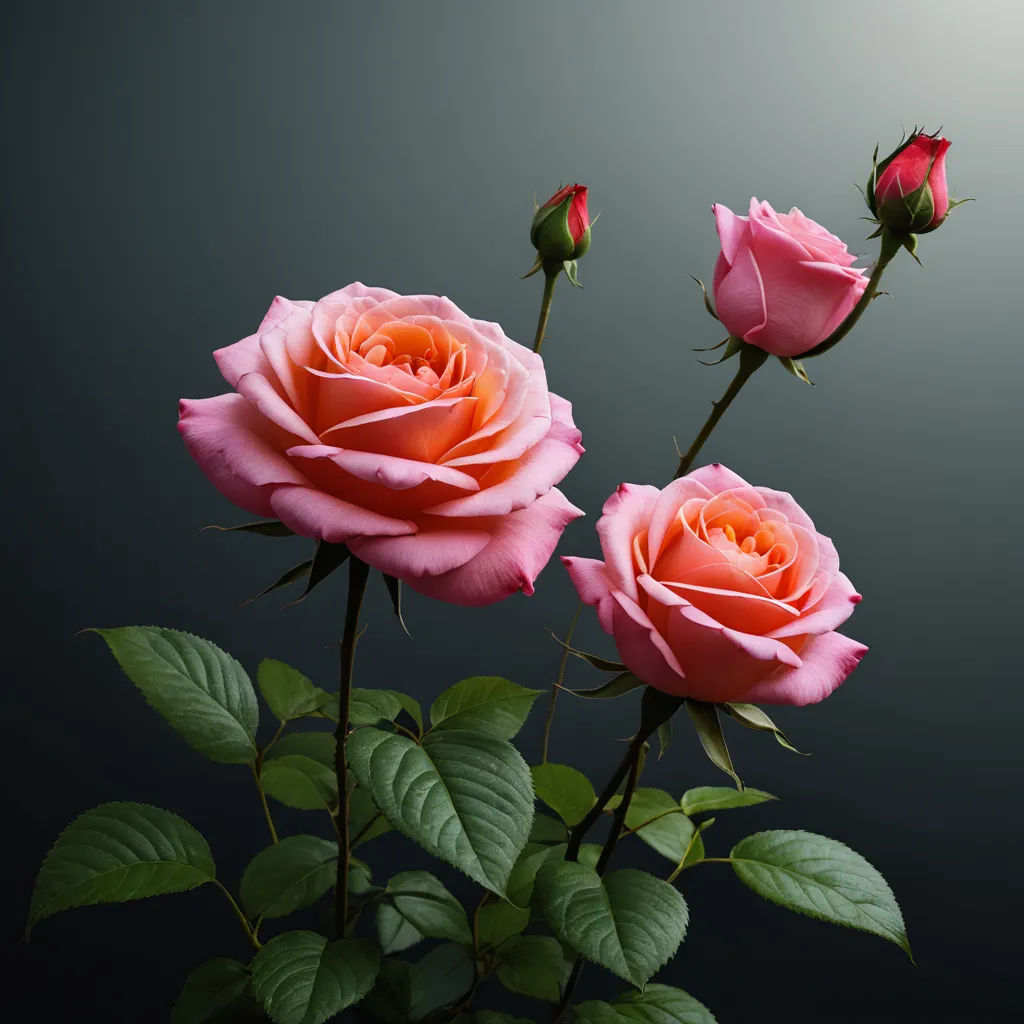 three pink roses with green leaves on a black background with a gray background behind them and a black background behind them, art photography, a 3D render, Arie Smit, roses