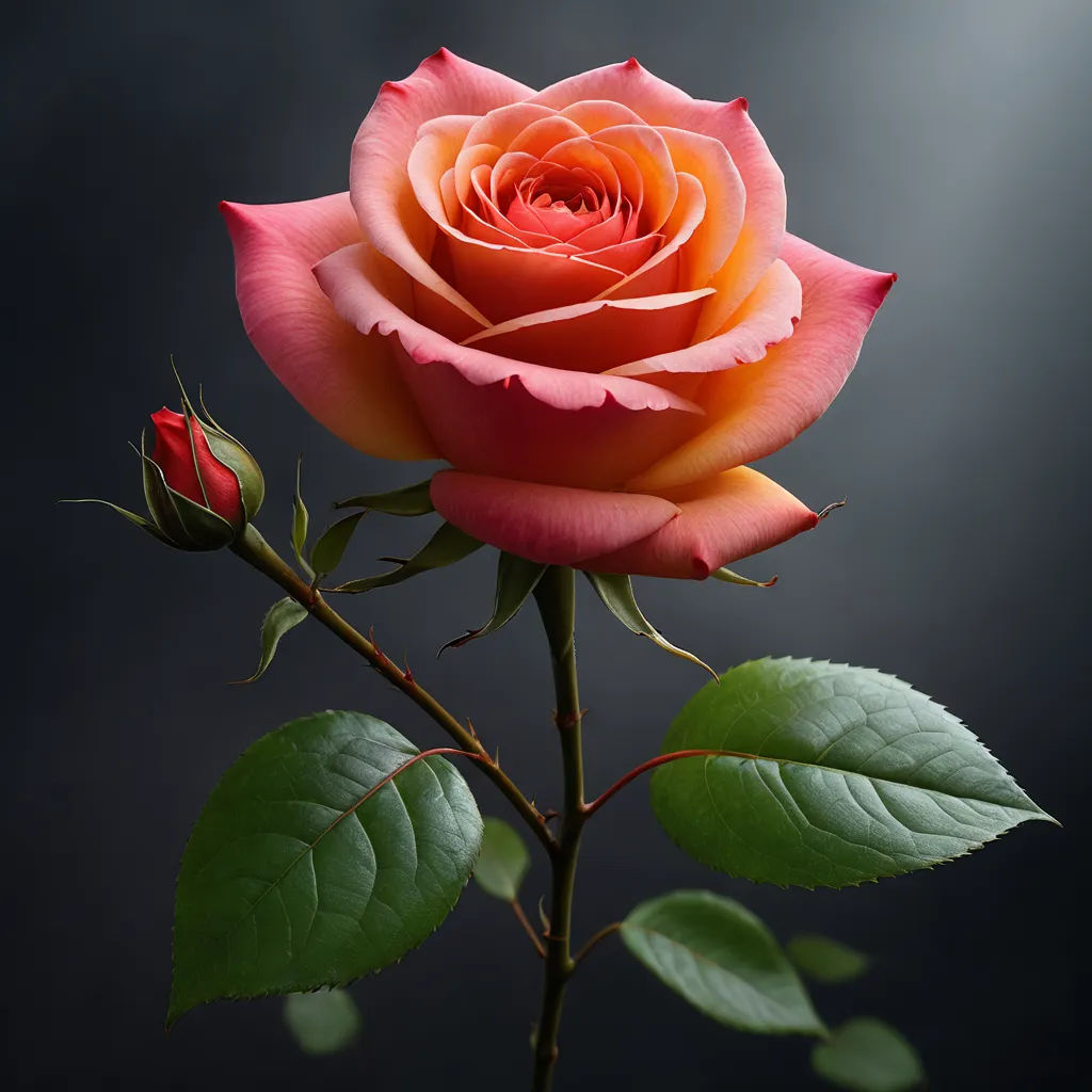 a single pink rose with green leaves on a dark background with a light shining through the petals and a dark background, neo-romanticism, a 3D render, Anna Maria Barbara Abesch, roses